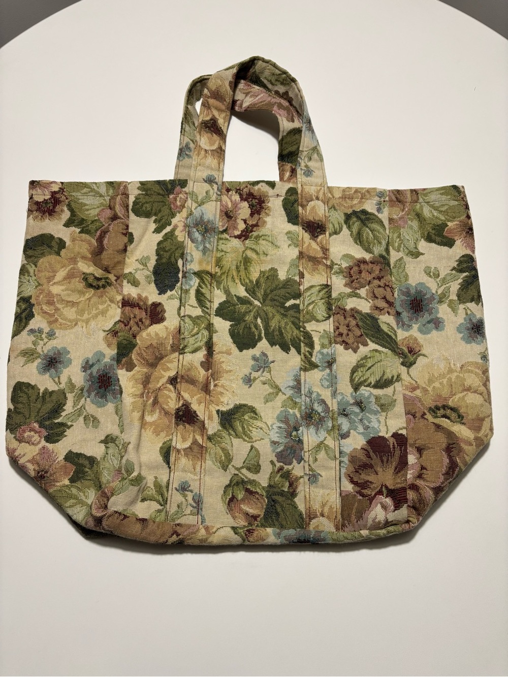 Cream Rose Sage Green & Soft Blue Vintage Floral Tapestry Tote